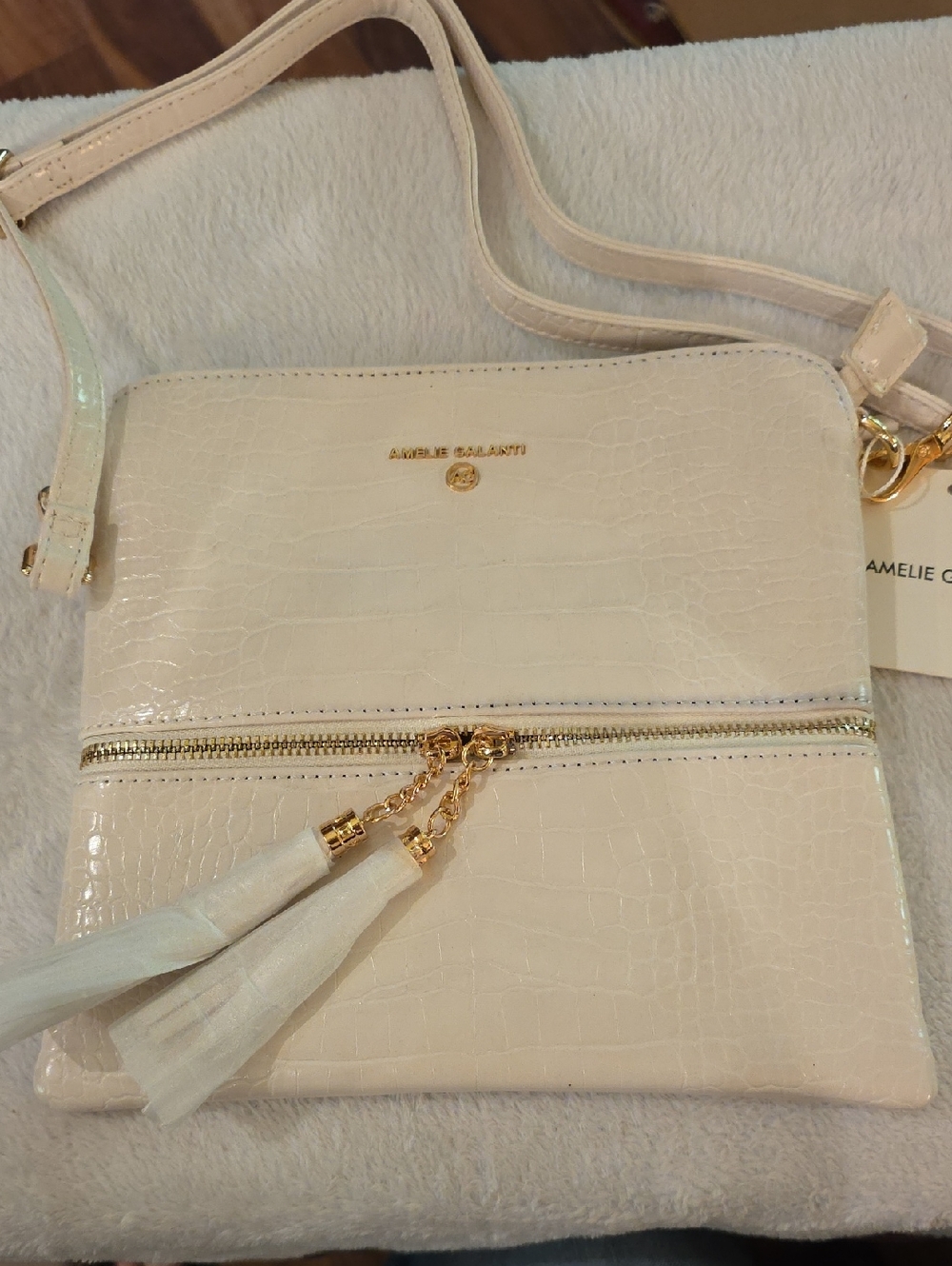 Cream Croc-Embossed Crossbody Bag with Tassel Detail